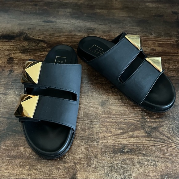 ShuShop New Bernarda Black Slides sandals‎ matte large metallic studs womens 6.5 - Picture 1 of 12